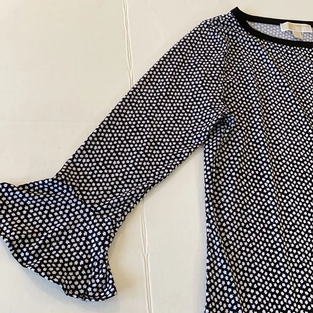 Michael Kors Black White Polyester Stretch 3/4 Sleeve Shift Dress Size M